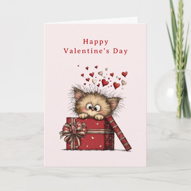 Cute Cartoon Kitten with Hearts Valentine's Day Holiday Card (Front)