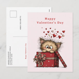Cute Cartoon Kitten with Hearts Valentine's Day Holiday Postcard