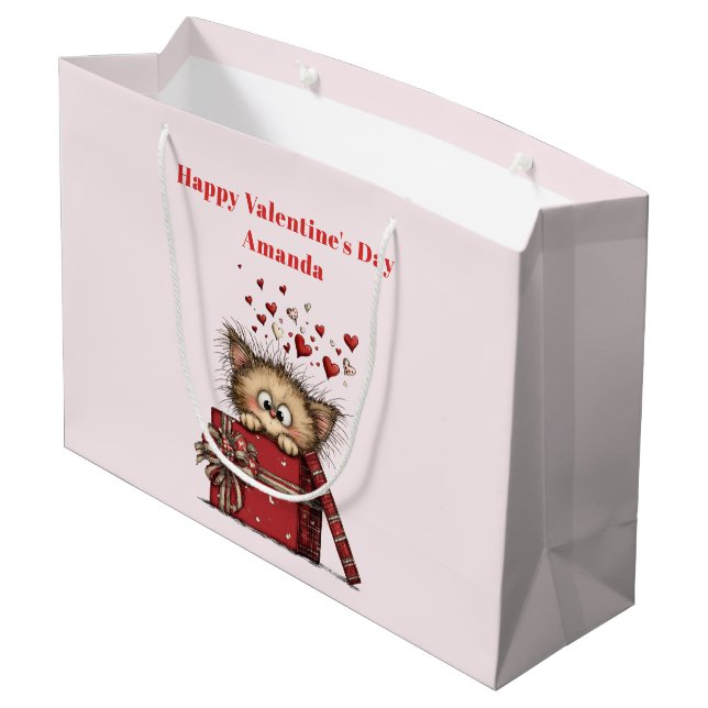 Cute Cartoon Kitten with Hearts Valentine's Day Large Gift Bag (Back Angled)