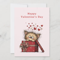 Cute Cartoon Kitten with Hearts Valentine's