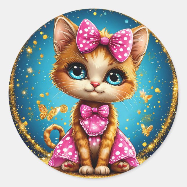 Cute cartoon kitty classic round sticker (Front)