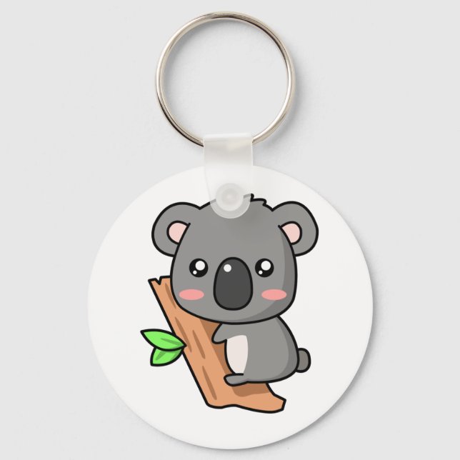 Cute Cartoon Koala Bear on Eucalyptus Tree Key Ring (Front)