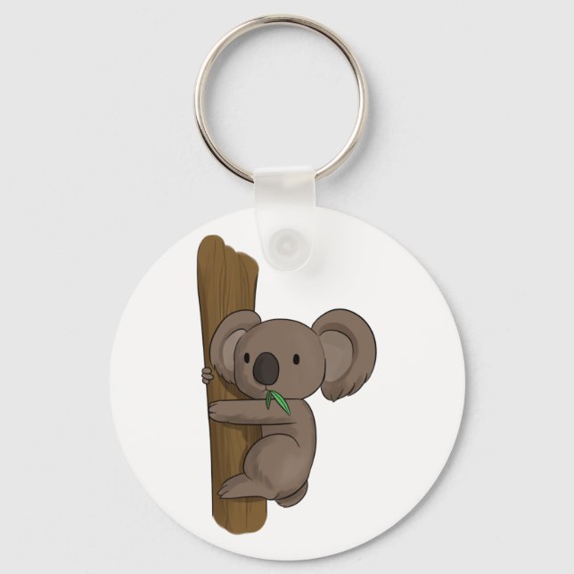 Cute Cartoon Koala Bear on Tree Eating Eucalyptus Key Ring (Front)
