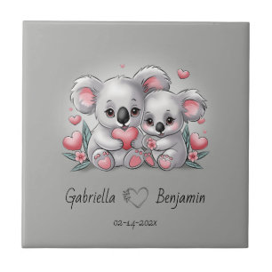 Cute Cartoon Koala Lovers Heart Valentine’s Day Tile
