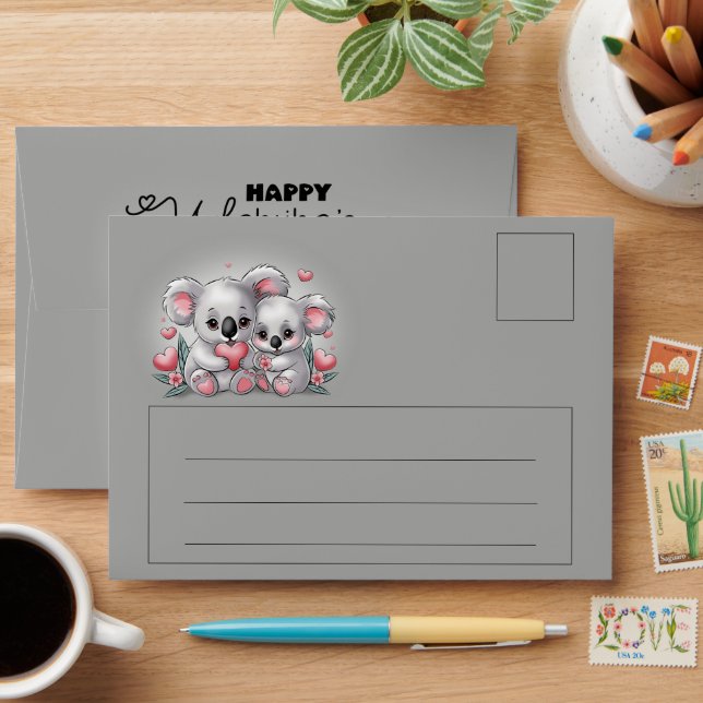 Cute Cartoon Koala Lovers Hearts Valentine’s Day Envelope (Desk)