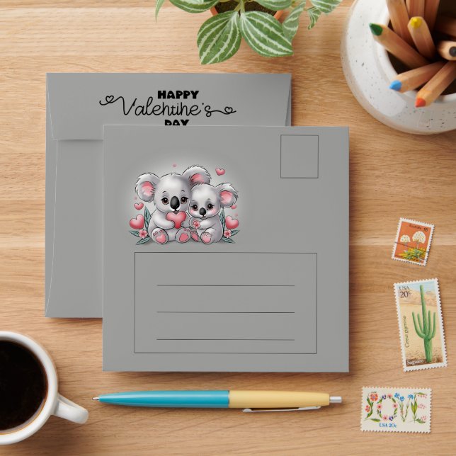 Cute Cartoon Koala Lovers Hearts Valentine’s Day Envelope (Desk)