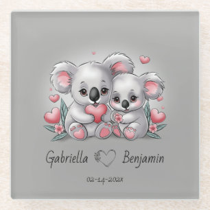 Cute Cartoon Koala Lovers Hearts Valentine’s Day Glass Coaster