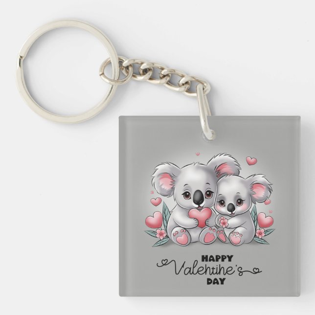 Cute Cartoon Koala Lovers Hearts Valentine’s Day Key Ring (Front)