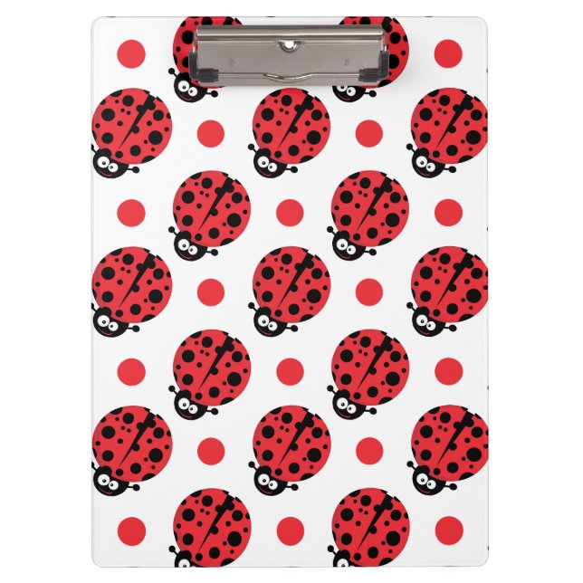 Cute Cartoon Ladybug, Red & White Polka Dots Clipboard (Front)