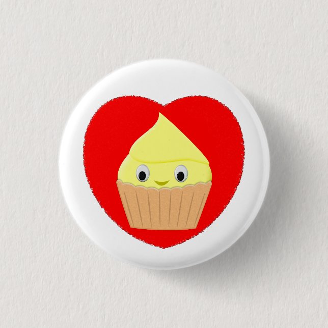 Cute Cartoon Lemon Cupcake In Red Heart  Button (Front)