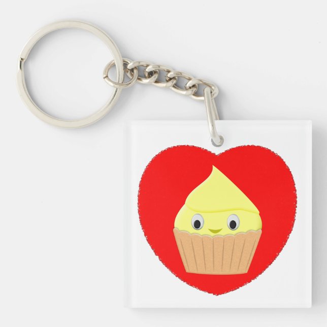 Cute Cartoon Lemon Cupcake In Red Heart Key Ring (Front)