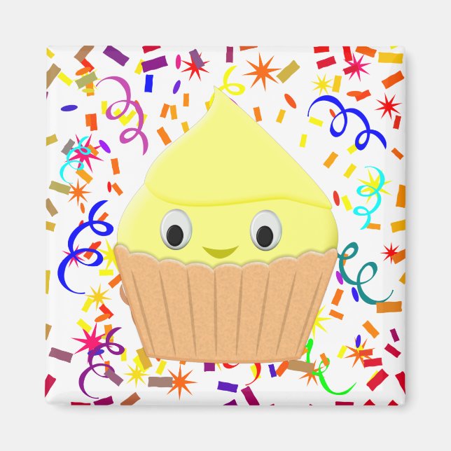 Cute Cartoon Lemon Cupcake With Confetti Magnet (Front)