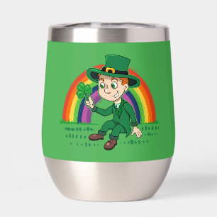 Cute cartoon leprechaun with shamrock and rainbow