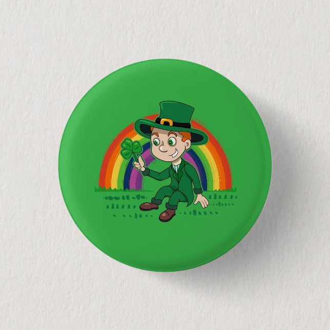 Cute cartoon leprechaun with shamrock and rainbow 3 cm round badge (Front)