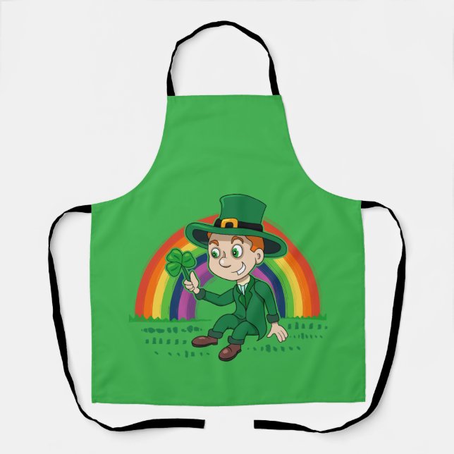 Cute cartoon leprechaun with shamrock and rainbow apron (Front)