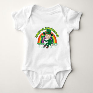 Cute cartoon leprechaun with shamrock and rainbow baby bodysuit