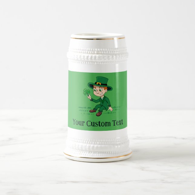 Cute cartoon leprechaun with shamrock and rainbow beer stein (Center)