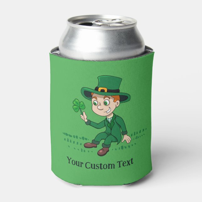Cute cartoon leprechaun with shamrock and rainbow can cooler (Can Front)