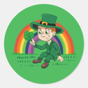Cute cartoon leprechaun with shamrock and rainbow classic round sticker