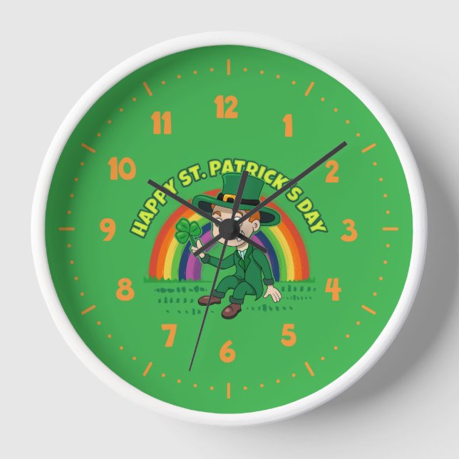 Cute cartoon leprechaun with shamrock and rainbow clock (Front)