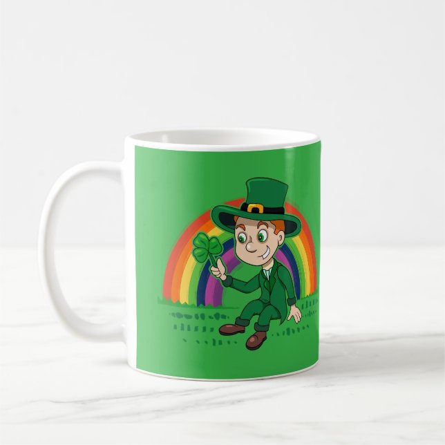 Cute cartoon leprechaun with shamrock and rainbow coffee mug (Left)