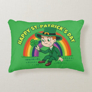 Cute cartoon leprechaun with shamrock and rainbow decorative cushion