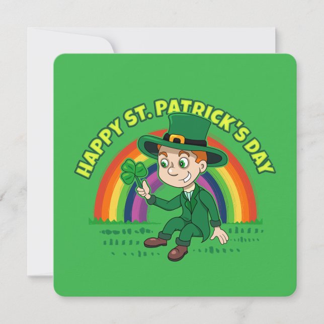 Cute cartoon leprechaun with shamrock and rainbow holiday card (Front)