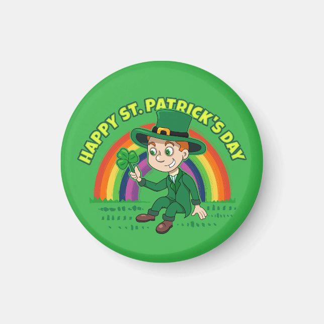 Cute cartoon leprechaun with shamrock and rainbow magnet (Front)