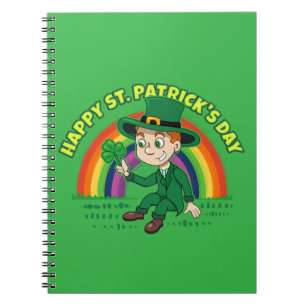 Cute cartoon leprechaun with shamrock and rainbow notebook