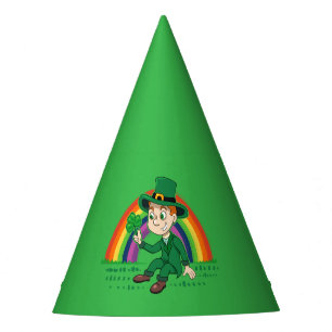 Cute cartoon leprechaun with shamrock and rainbow party hat