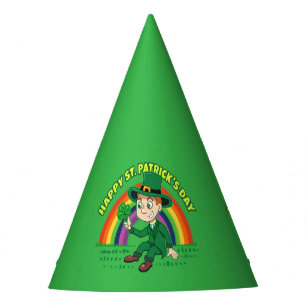 Cute cartoon leprechaun with shamrock and rainbow party hat
