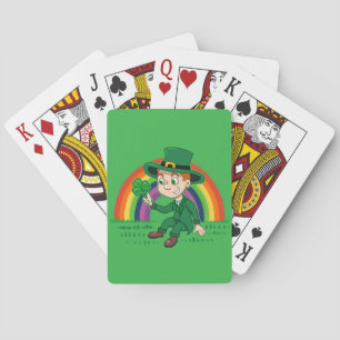 Cute cartoon leprechaun with shamrock and rainbow playing cards