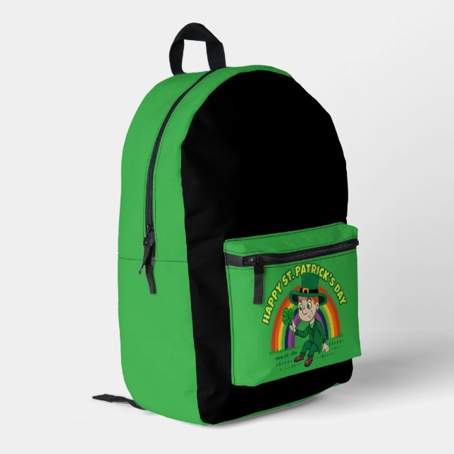 Cute cartoon leprechaun with shamrock and rainbow printed backpack (Back Corner Left)