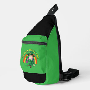 Cute cartoon leprechaun with shamrock and rainbow sling bag