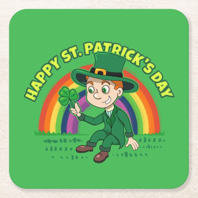 Cute cartoon leprechaun with shamrock and rainbow square paper coaster (Front)