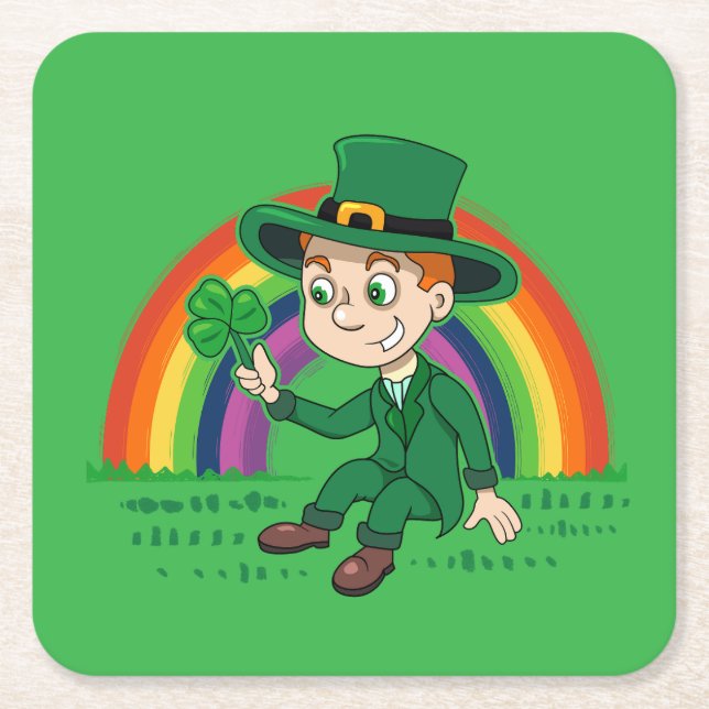 Cute cartoon leprechaun with shamrock and rainbow square paper coaster (Front)