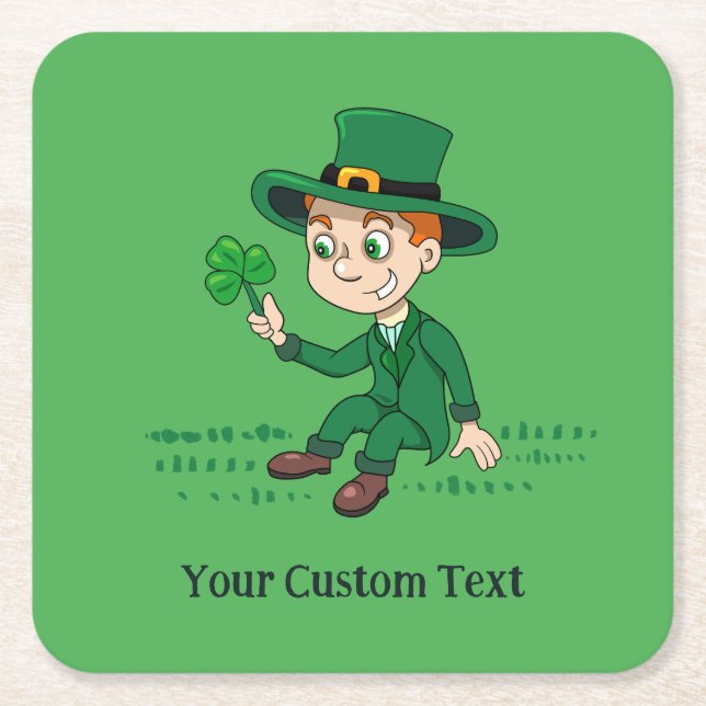 Cute cartoon leprechaun with shamrock and rainbow square paper coaster (Front)