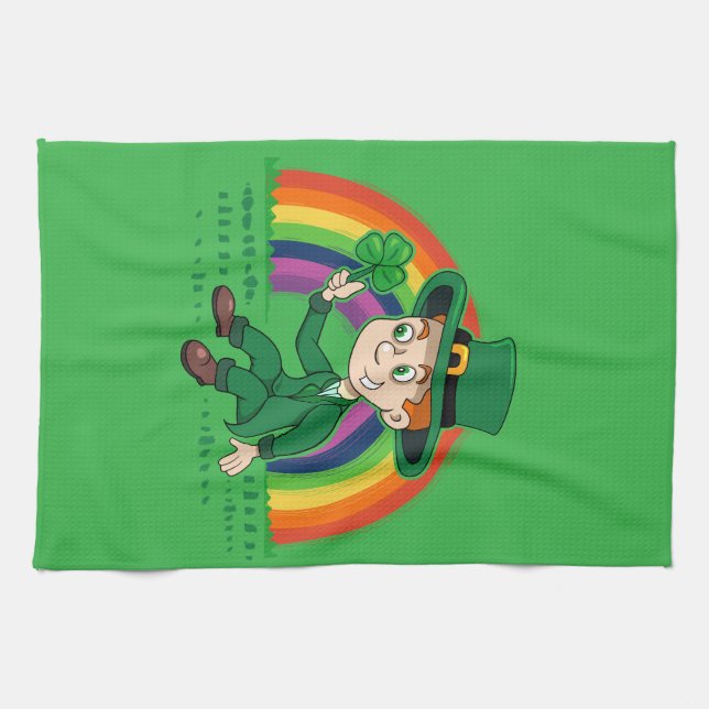 Cute cartoon leprechaun with shamrock and rainbow tea towel (Horizontal)