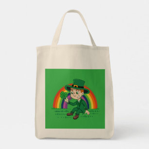 Cute cartoon leprechaun with shamrock and rainbow tote bag