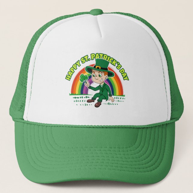 Cute cartoon leprechaun with shamrock and rainbow trucker hat (Front)