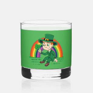 Cute cartoon leprechaun with shamrock and rainbow whiskey glass