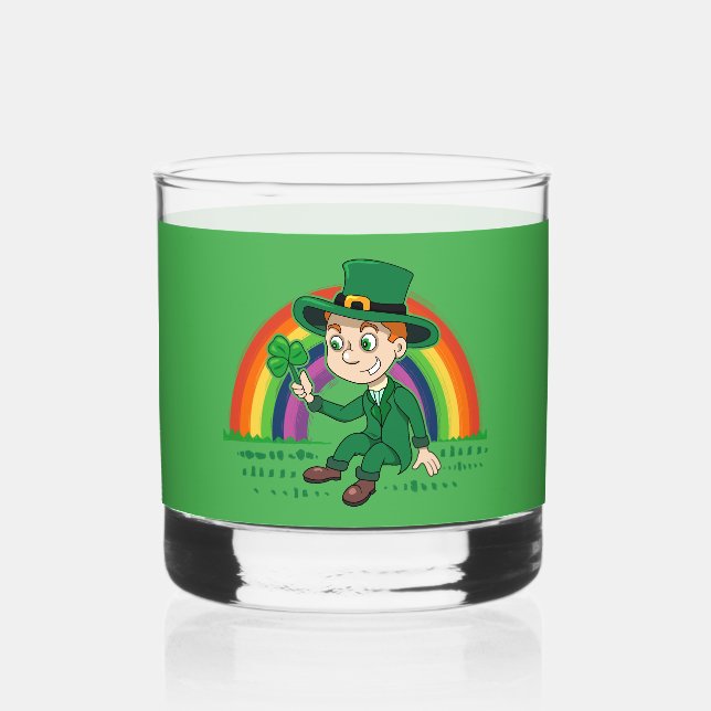 Cute cartoon leprechaun with shamrock and rainbow whiskey glass (Front)