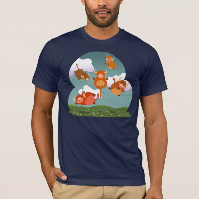 Cute Cartoon Levitating Highland Cows T-Shirt (Front)