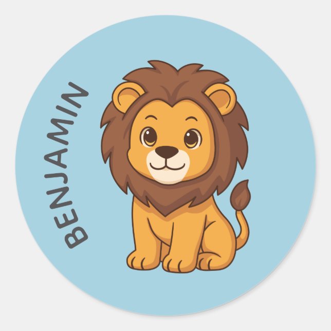 Cute Cartoon Lion Blue Custom Name Classic Round Sticker (Front)