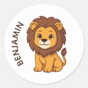 Cute Cartoon Lion Custom Name Classic Round Sticker