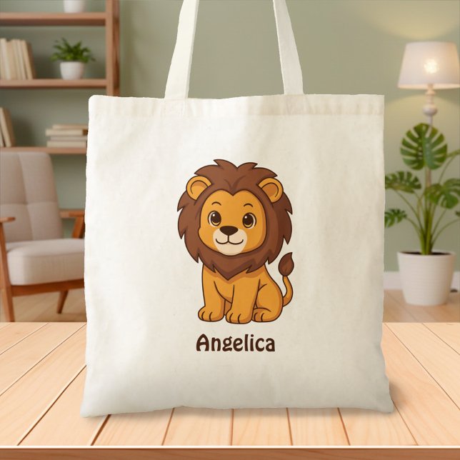 Cute Cartoon Lion Custom Name Tote Bag (Creator Uploaded)