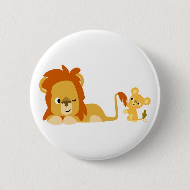 Cute Cartoon Lion Dad and Cub Button Badge (Front)
