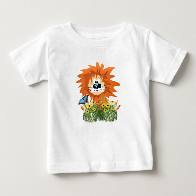 Cute Cartoon Lion in Flower Garden  Baby T-Shirt (Front)