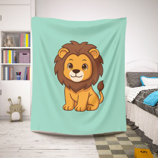 Cute Cartoon Lion on Green Sherpa Blanket