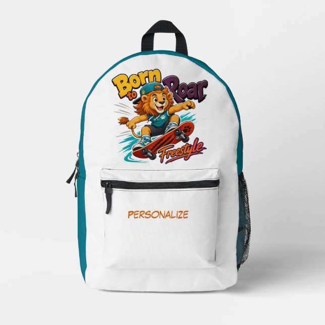 Cute Cartoon Lion on Skateboard Personalised Printed Backpack (Front)